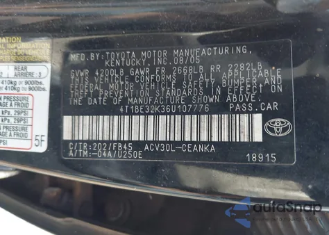 2006 Toyota Camry Le из США, поврежденный, VIN 4T1BE32K36U107776